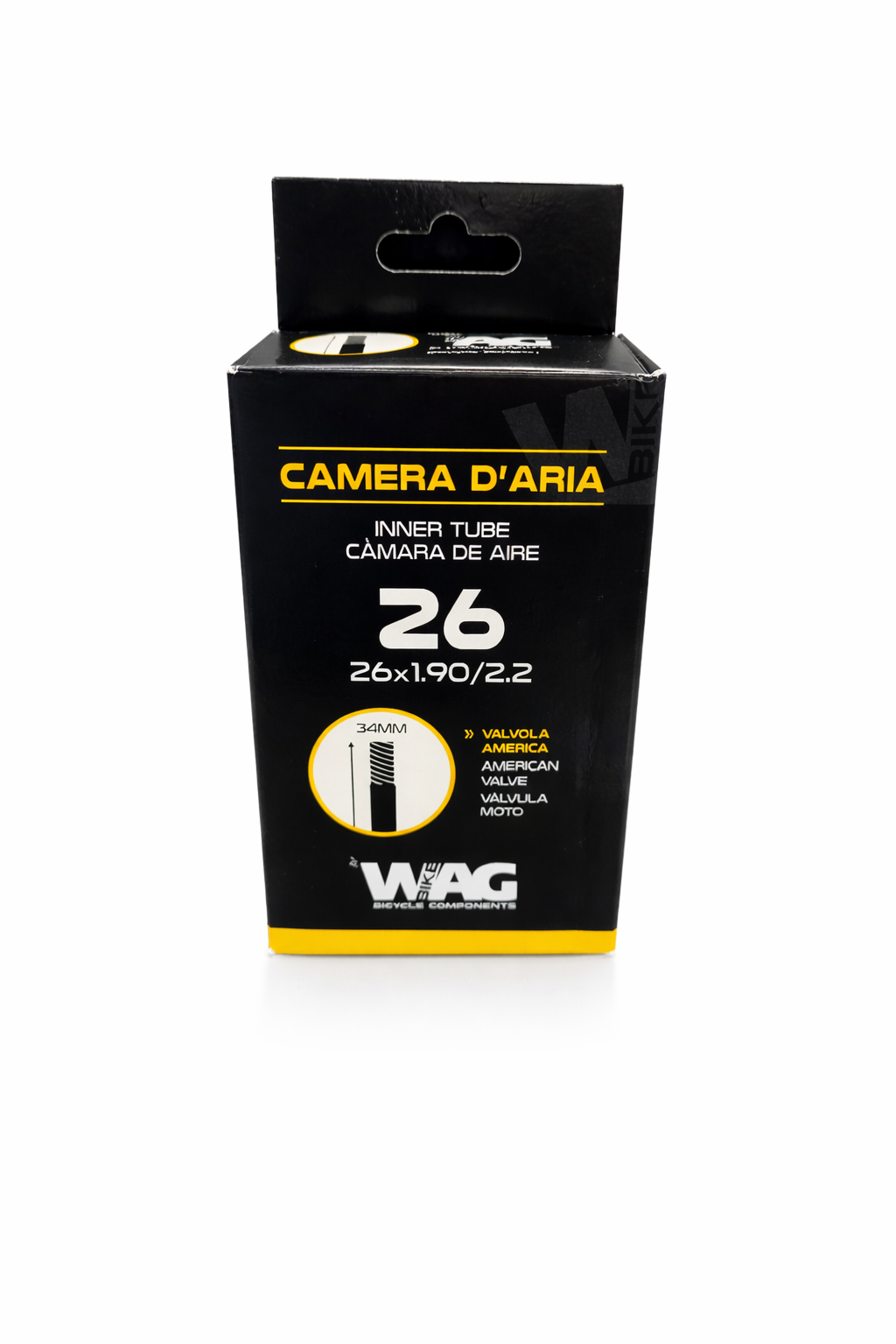 TUBO WAG - VÁLVULA SCHRADER 26 X 1,90/2,20 DE 34 MM DE DIÁMETRO Y 0,85 MM DE ESPESOR, PAQUETE INDIVIDUAL