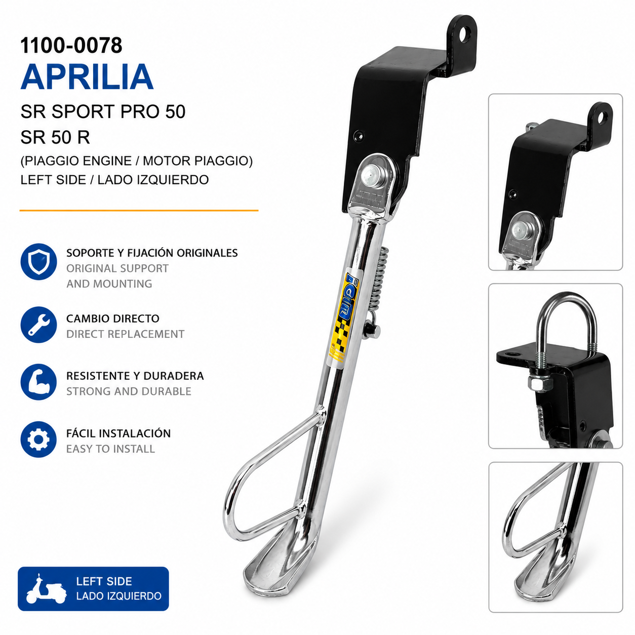 Caballete lateral izquierdo cromado Aprilia SR 50 R SR Sport Pro 50 Motor Piaggio IGM 1100-0078